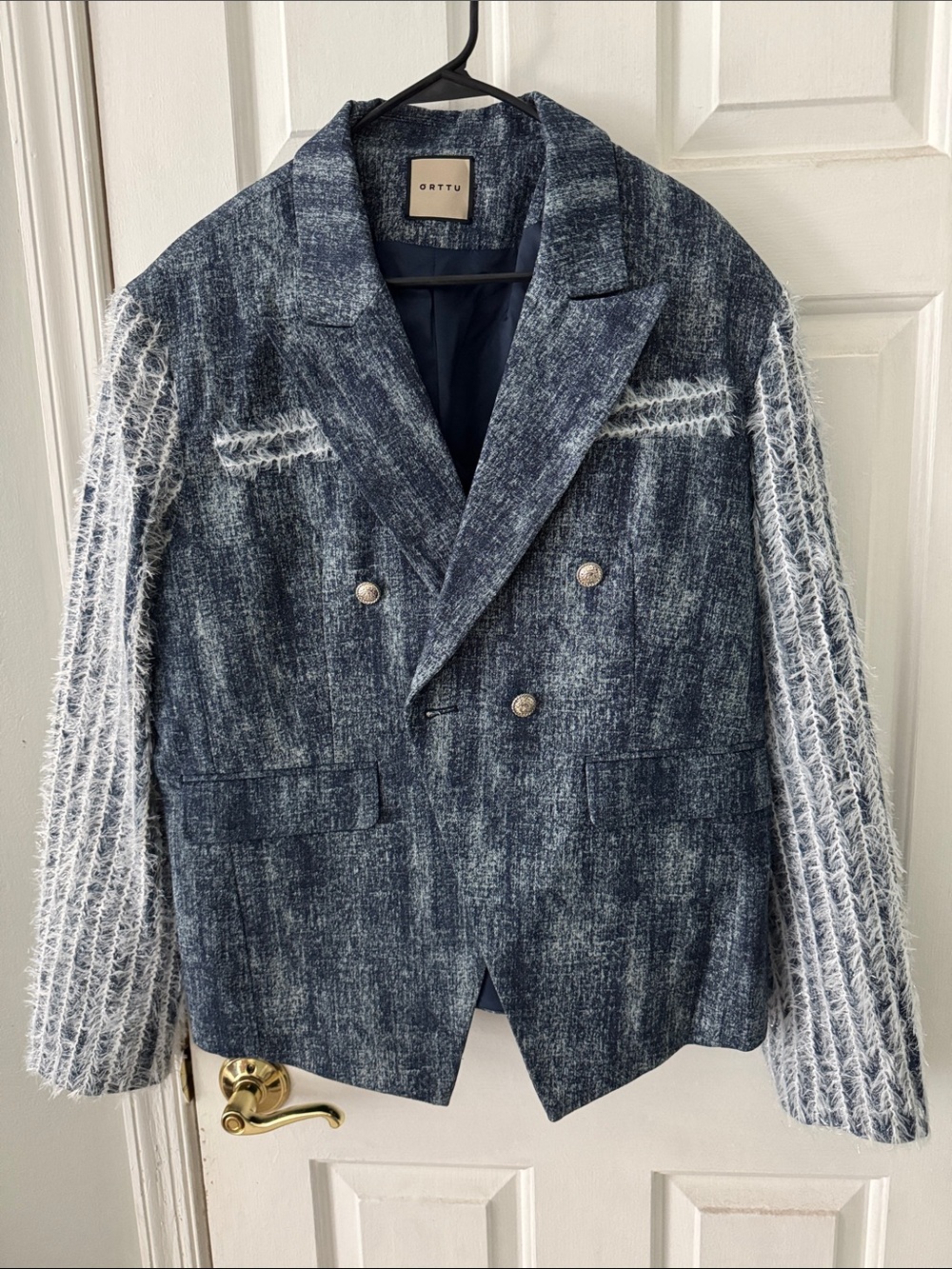 ORTTU Blue Textured Double-Breasted Blazer with Patterned Light Sleeves